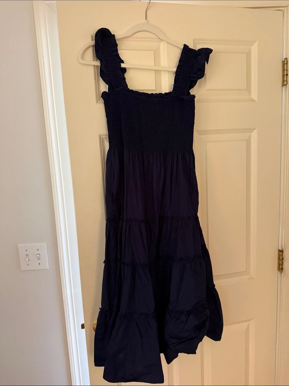 Navy Smocked Midi Dress with Ruffled Straps